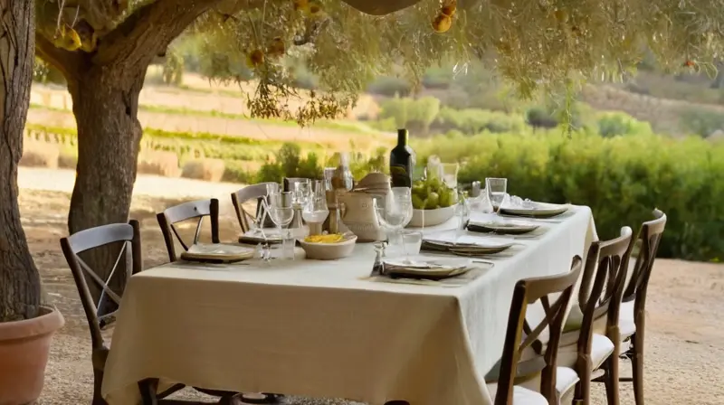 Una mesa elegante provenzal está situada en un paisaje rural soleado rodeado de olivos y árboles de limón