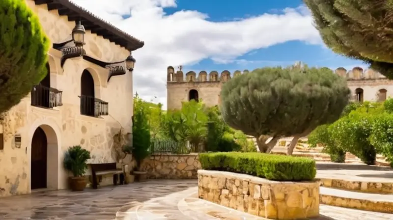 La Plaza de la Constitución está rodeada por paredes de piedra blanca clásicas que curvan y se erosionan alrededor de patios floridos