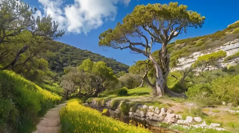 Un paisaje rústico de colinas jurásicas se caracteriza por densos arbustos