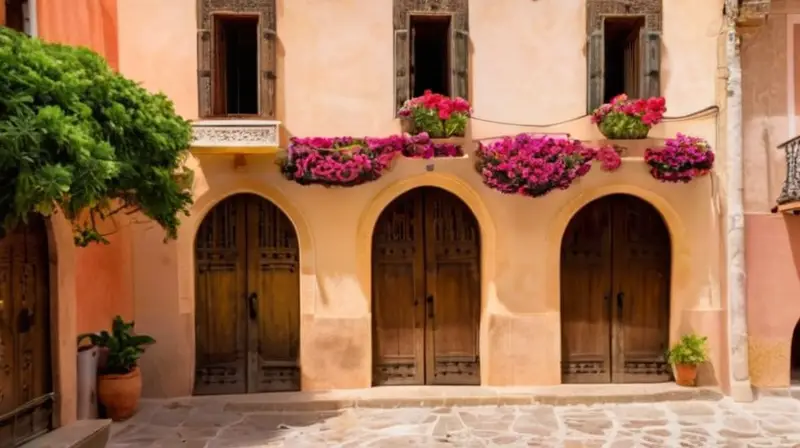 La calle está llena de calles empedradas y edificios con colores terracota que están decorados con azulejos vibrantes y flores saliendo de macetas