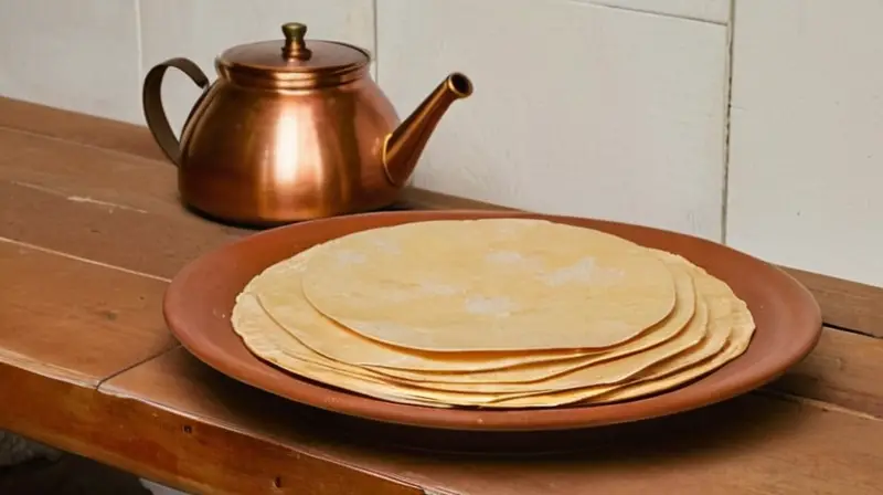 Una mesa antigua con una olla de cobre vintage y un plato decorativo tiene un ambiente acogedor en un comedor rústico