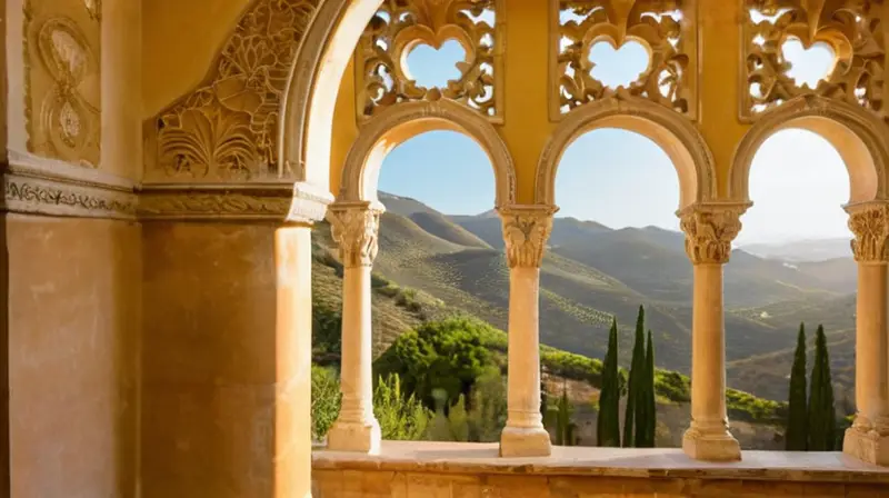 Un edificio restaurado con fachada de piedra dorada, rodeado de paisajes naturales idílicos y adornos gótico-renacentistas