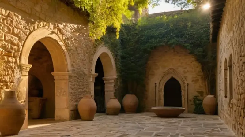 Un patio medieval está iluminado suavemente por una luz dorada que proviene de un edificio cercano