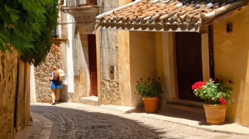 En una calle rural de Aracena, España, la luz del sol baila entre los olivos, proyectando sombras en el suelo de piedra y reflejándose en las tiendas coloridas