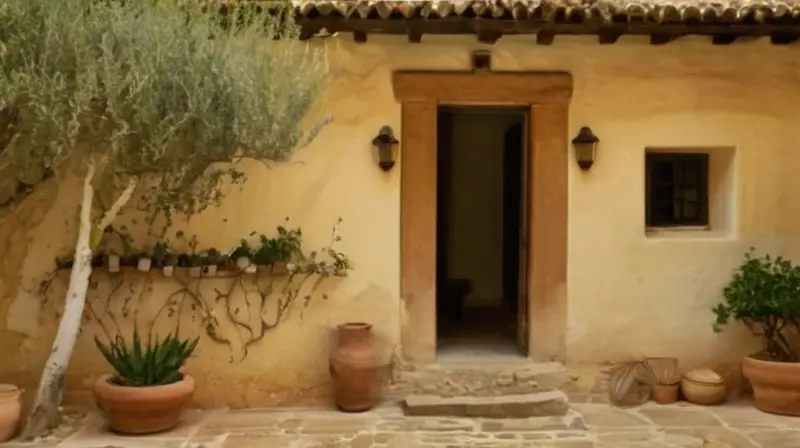 La escena retrata el encanto calizo y artístico de una aldea española centenaria bajo la luz dorada del sol