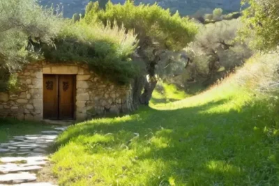 Un senderista recorre un camino de piedra con olivareras y muros de piedra a sus lados