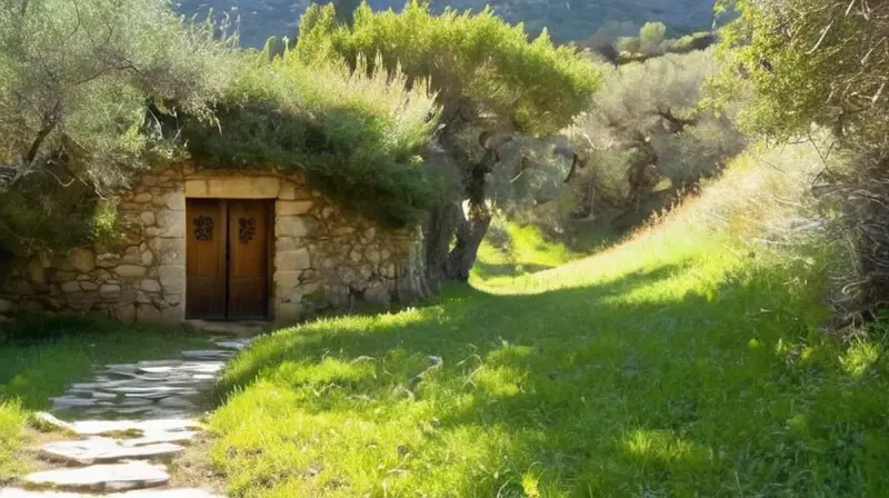 Un senderista recorre un camino de piedra con olivareras y muros de piedra a sus lados