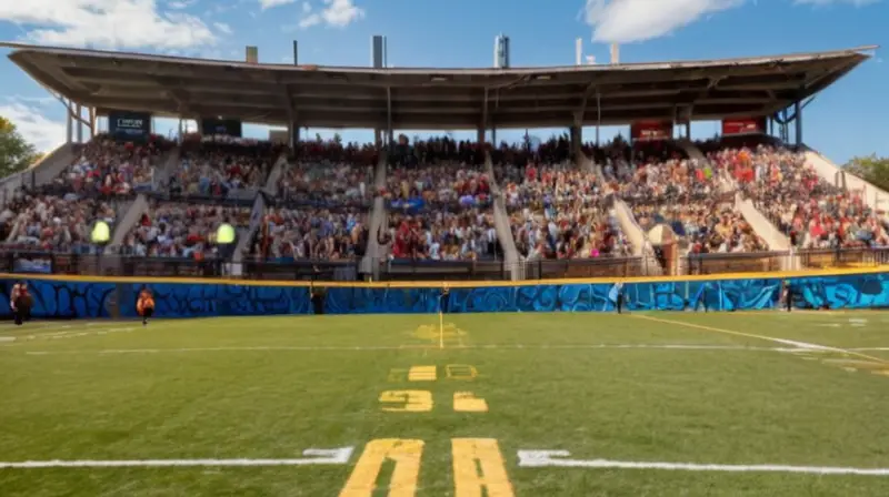 El estadio está lleno de 10.000 personas sobre un campo con gradas curvas y enormes pantallas y los juegos se llevan a cabo al aire libre bajo el sol brillante