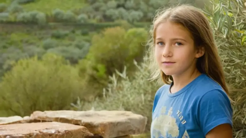 Una niña de aproximadamente 10 años está parada delante de una enorme pared de piedra, iluminada suavemente por la luz dorada del cielo encapotado