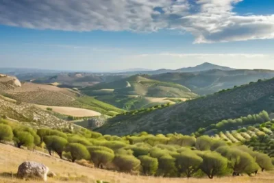 La escena muestra un paisaje rural español cubierto de pastos verdes y árboles olivares aislados bajo un cielo clarísimo con nubes blancas dispersadas