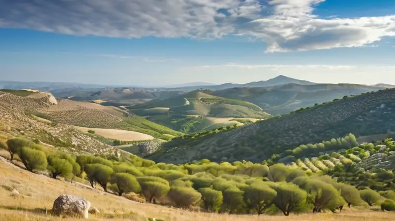 La escena muestra un paisaje rural español cubierto de pastos verdes y árboles olivares aislados bajo un cielo clarísimo con nubes blancas dispersadas