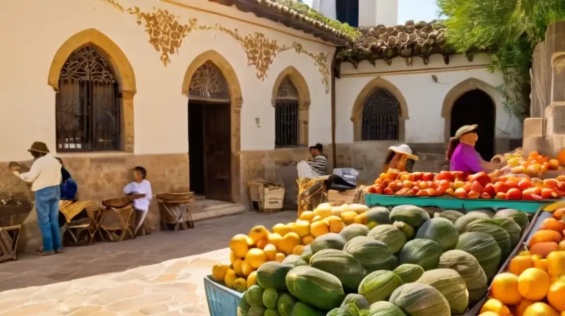 Un pintoresco pueblo andaluz se llena de color y vida con su mercado y personas que caminan por sus calles empedradas