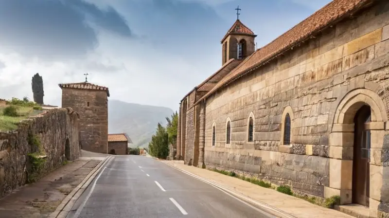 Una carretera gastada y un antiguo templo de piedra grana se encuentran en un paisaje rural con colinas cubiertas de hierba