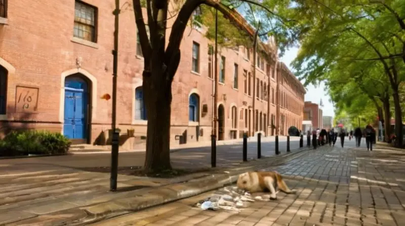 Un pueblo antiguo con estilos arquitectónicos variados se refleja en una calle empedrada sucia y calurosa