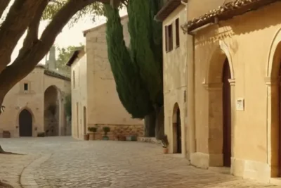 El cuadro describe una encantadora plaza de pueblo bañada por la luz cálida del amanecer