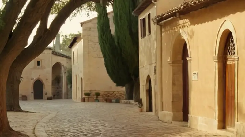 El cuadro describe una encantadora plaza de pueblo bañada por la luz cálida del amanecer