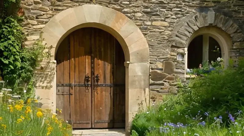 La fachada de piedra mostraba señales de años con detalles como puertas, postes y flores salvajes crecidas entre los bloques