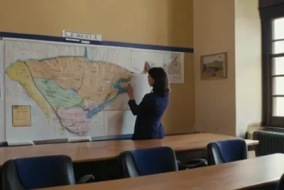 Una profesora con el cabello oscuro está apuntando en la pizarra de una clase iluminada tenuemente