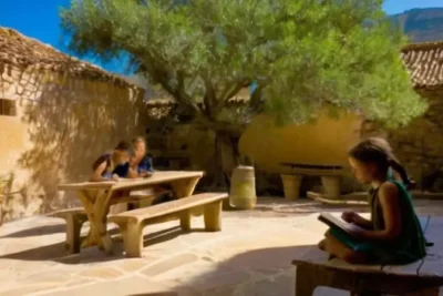 Un paisaje español sereno con montañas nevadas