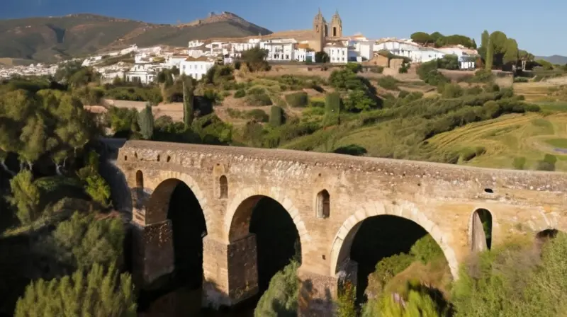 Un amanecer neblinoso en Andalucía envuelve con nubes finas y montañas de un pueblo blanco llamado Aracena, rodeado de verdes olivos y robles, bajo puentes romanos antiguos