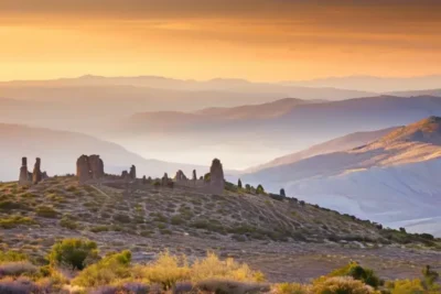 La escena describe un paisaje de montañas con sus colinas