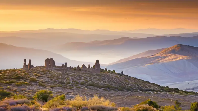 La escena describe un paisaje de montañas con sus colinas