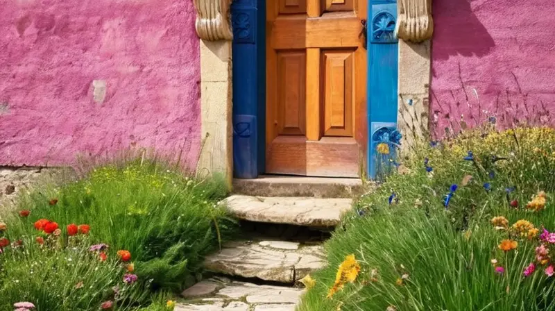 Un sendero de piedra lleva al ojo un jardín tranquilo rodeado por antiguos edificios y puestos de artesanía