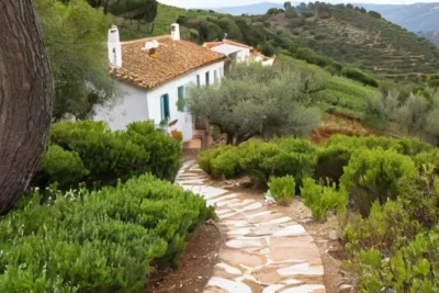 Un sendero de piedra blanca discurre serpenteando a través de montañas verdes y olivares