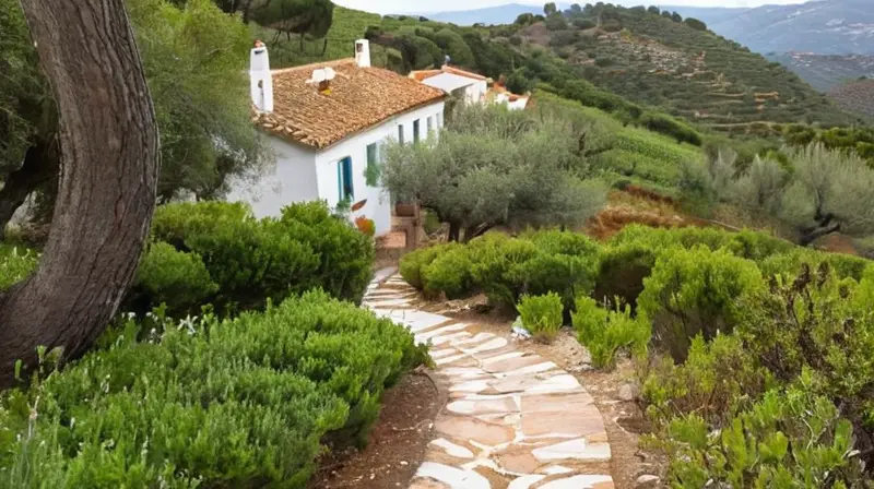 Un sendero de piedra blanca discurre serpenteando a través de montañas verdes y olivares