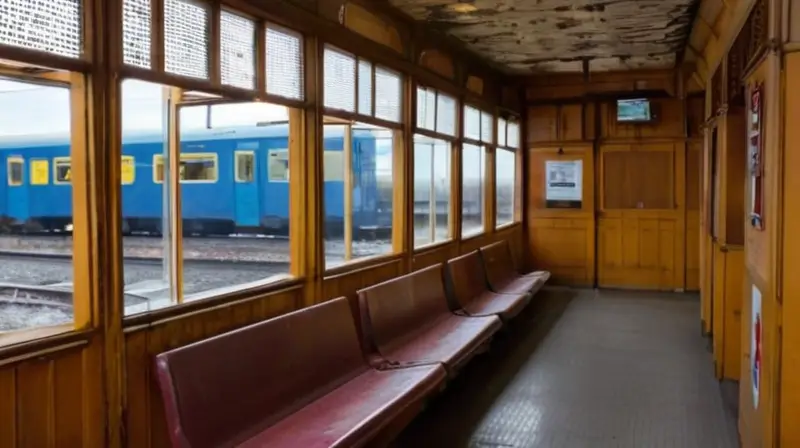 La estación de tren está llena de sombras dura gracias a luces fluorescentes que parpadean entre madera y metal oxidado