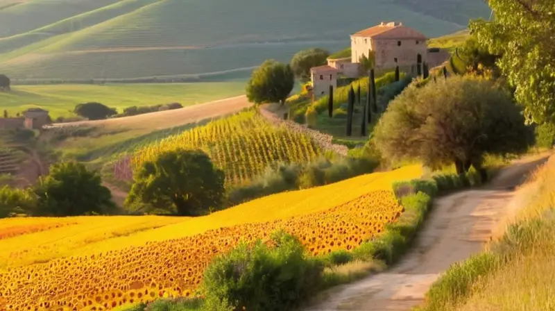 Un paisaje soleado con una colina rodeada de montañas y un pueblo antiguo a lo lejos