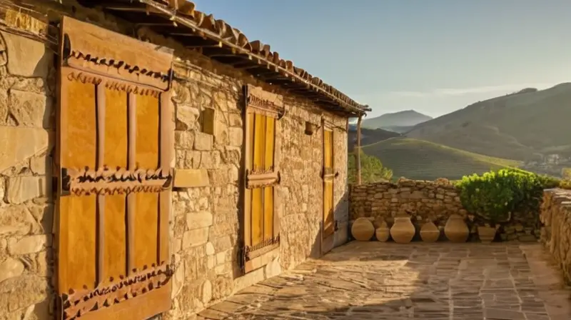 La descripción evoca una villa andaluza con casas de piedra y tejas rojas rodeadas por oliveras y cerros bajo un cielo soleado