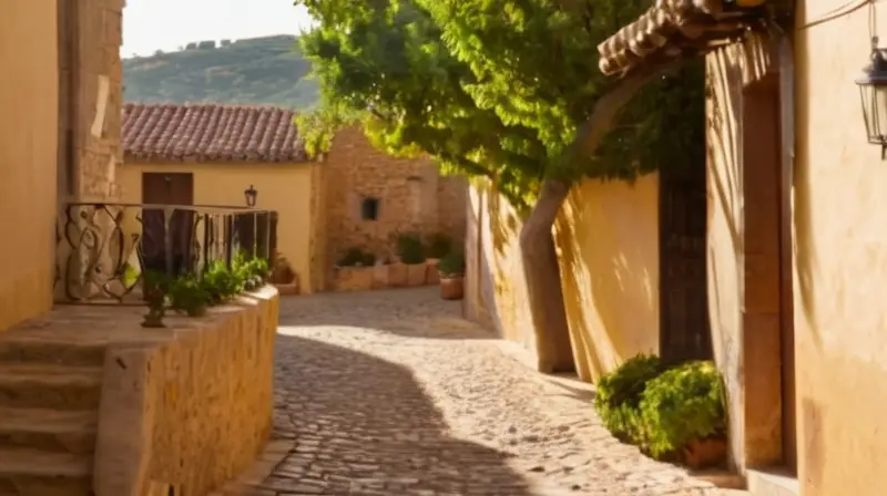 Un pueblo castellano rural muestra casas con tejas de terracota, calles empedradas y un paisaje que evoca una armonía entre la luz cálida del sol y las siluetas de los edificios