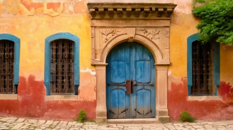 Un conjunto de muros y arcos antiguos cubiertos con una fresca descolorida y adornados por viñas verdes