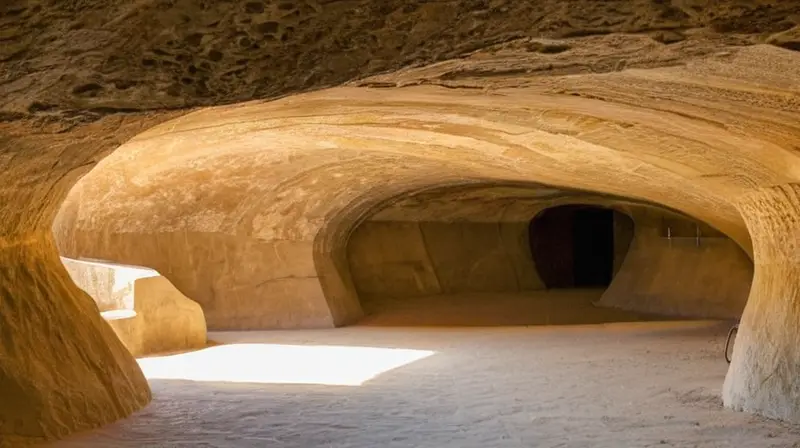 Una cueva parcialmente excavada llena de sombras y reflejos bajo la suavidad del sol de la mañana