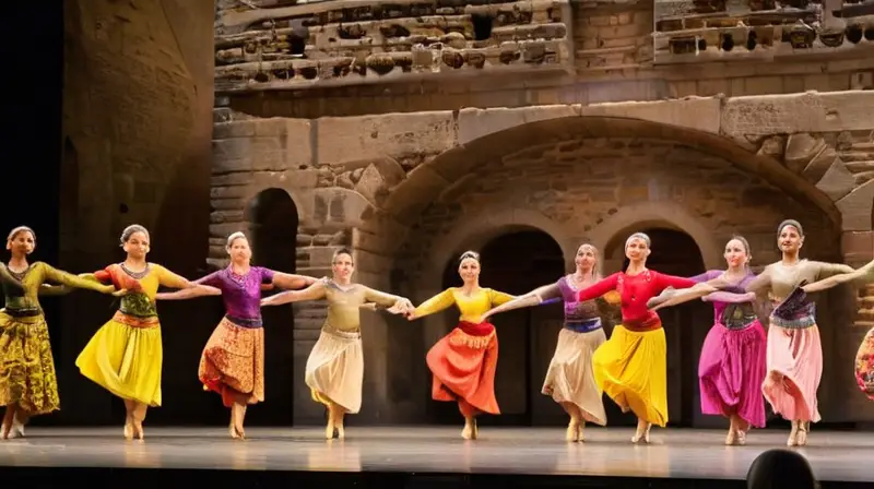 La escena es un ambiente naturalizado rodeado de texturas y colores vibrantes, donde la arquitectura antigua se funde con el movimiento elegante de los bailarines