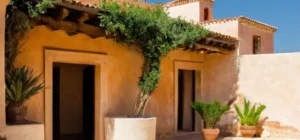 Una casa de piedra antigua con muros de adobe desgastados y tejado de madera se integra perfectamente en el entorno naturaleza circundante