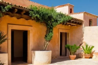 Una casa de piedra antigua con muros de adobe desgastados y tejado de madera se integra perfectamente en el entorno naturaleza circundante