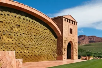 El edificio cuenta con una fachada que combina ladrillos cerámicos desgastados y arcos tallados con una ornamentación de hierro rojizo