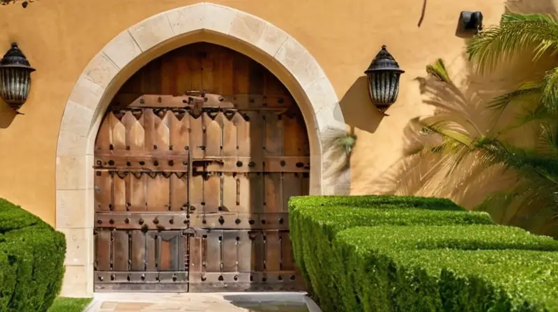 Una grande arquería de piedra tallada en relieve, con una rica ornamentación geométrica y patrones árabes, se integra hábilmente en las paredes circundantes