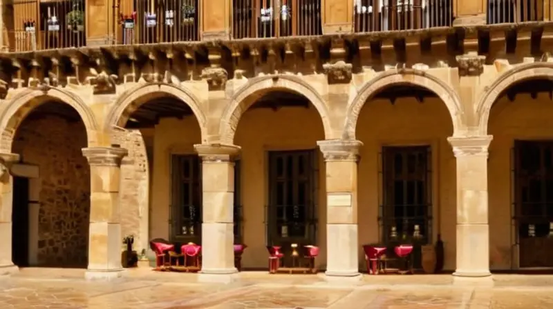 Una tranquila plaza ibérica llena de arquitectura histórica rodeada de luz dorada del atardecer