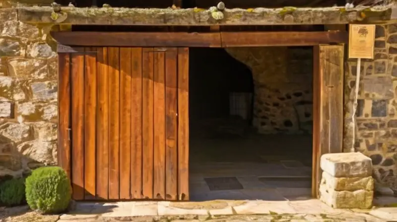 Un edificio de piedra antiguo con signos de deterioro se ergue bajo un arco de madera debajo de la bandera española