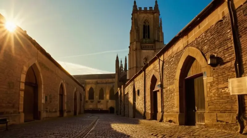 El paisaje urbano tiene muros de piedra vetustos junto a una catedral gótica ruinosos rodeada por un entorno industrial y calles empedradas