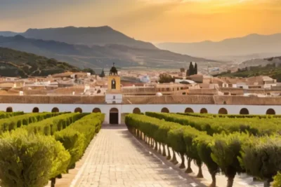 Un pueblo andaluz rodeado por antiguos olivos y montañas está iluminado con un sol español cálido