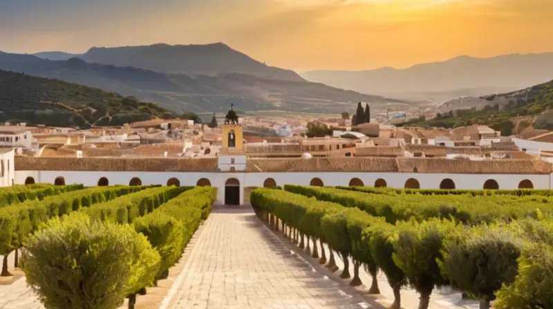 Un pueblo andaluz rodeado por antiguos olivos y montañas está iluminado con un sol español cálido