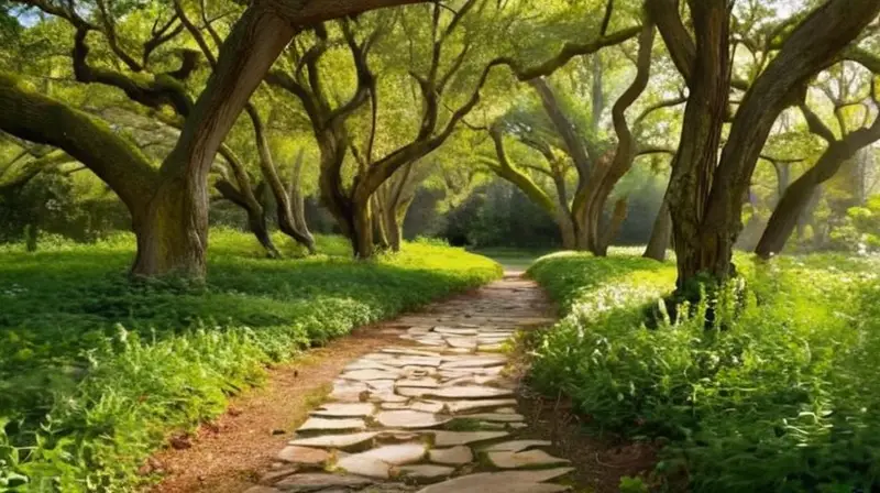 Un camino de piedra erosionado conduce a un poste de madera ajado entre árboles enormes cubiertos de verde en un paisaje sereno
