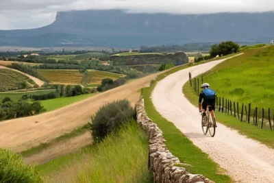 La ruta de ciclismo transcurre por laderas sinuosas rodeadas de verdes praderas separadas por muros de piedra y árboles olivos