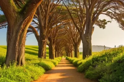 Un camino de piedra gris claro sube empinadamente entre cipreses verdes y un arco de piedra decora el paisaje rodeado de prados con flores multicolores