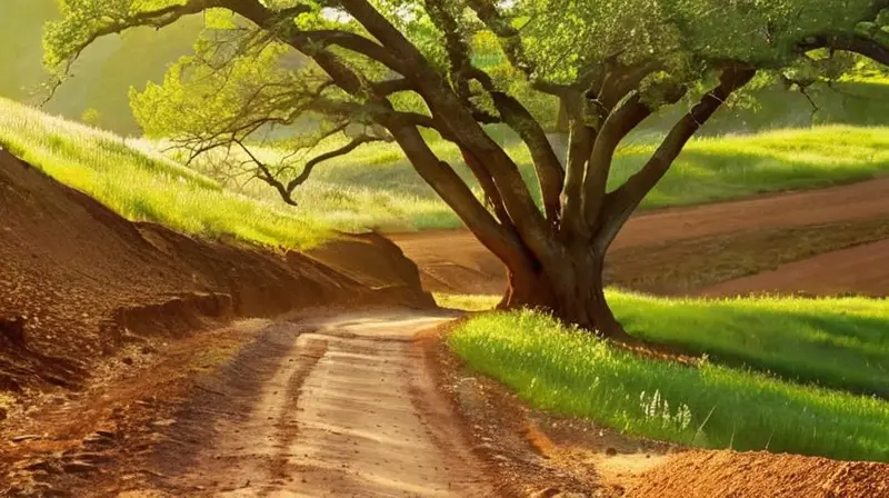 La escena describe un paisaje de colinas onduladas con árboles y un lago en el horizonte