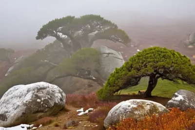 La Sierra de Aracena presenta un paisaje boscoso cubierto de nieve